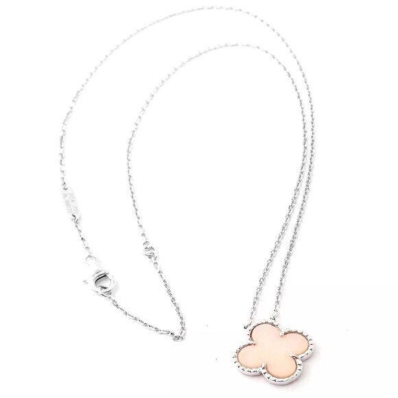 Authentic! Van Cleef & Arpels Alhambra 18k White Gold Pink Opal Pendant Necklace - Picture 4 of 7